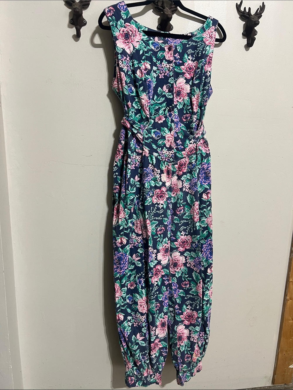 Vintage Cotton Cottagecore Navy Floral Sleeveless Jumpsuit Pink Purple Balloon L